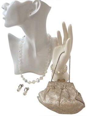 Vintage Made in France Gold Evening Bag + Aurora Borealis Crystal Jewelry Set